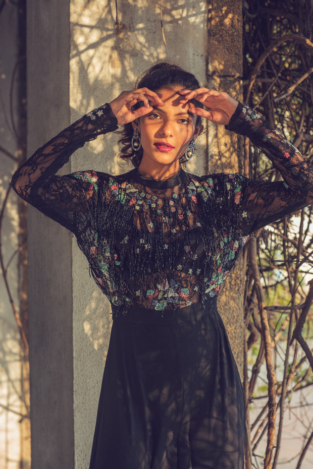 Black Embroidered Fringe Jumpsuit