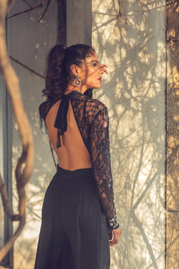 Black Embroidered Fringe Jumpsuit